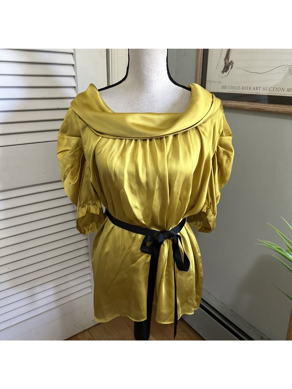 Vertigo Paris Top Womens Large Mustard Yellow Satin Belted Euro Summer Coquette